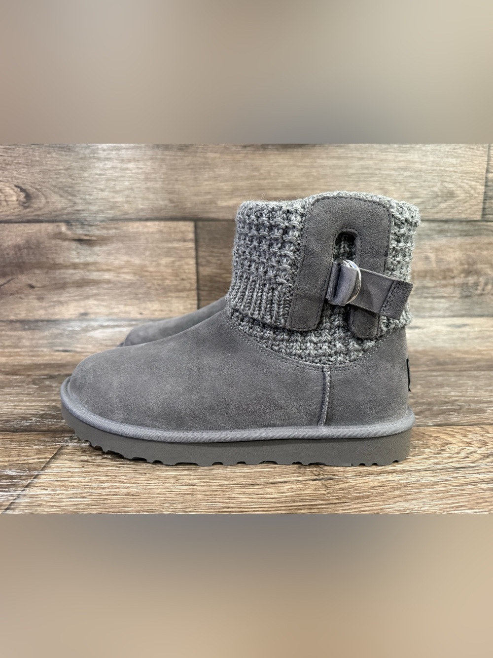 NWOB UGG Classic Solene Mini Flat Ankle Bootie Charcoal Gray Knit & Suede SZ 11